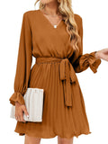 Surplice Flounce Sleeve Pleated Mini Dress - Flyclothing LLC