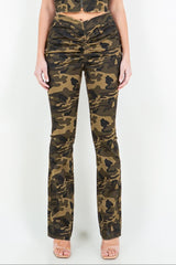 American Bazi V-Cut Ruched Camo Flare Pants - Trendsi