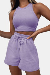 Round Neck Top and Drawstring Shorts Set - Flyclothing LLC