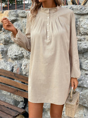 Half Button Mock Neck Long Sleeve Mini Shirt Dress Trendsi