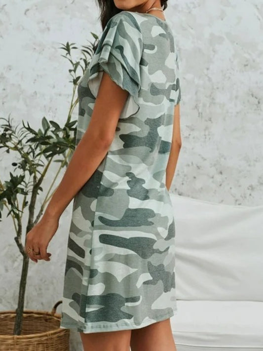 Camouflage Round Neck Short Sleeve Mini Dress - Trendsi