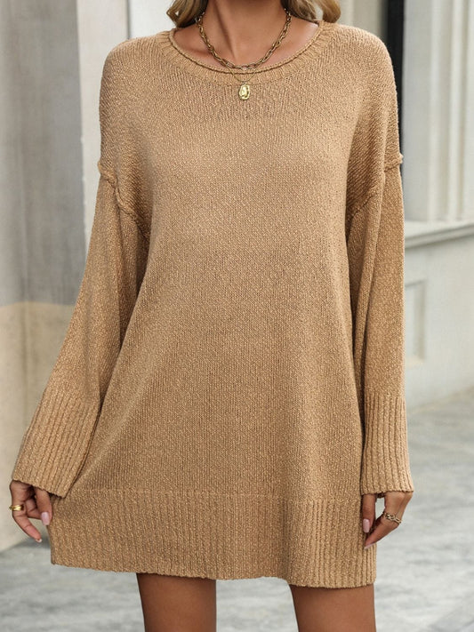 Round Neck Dropped Shoulder Sweater - Trendsi