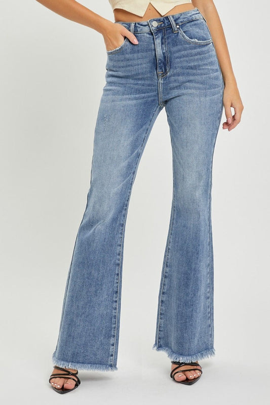 RISEN Full Size High Waist Raw Hem Flare Jeans - Trendsi