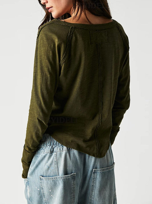 Exposed Seam Notched Long Sleeve T-Shirt - Trendsi