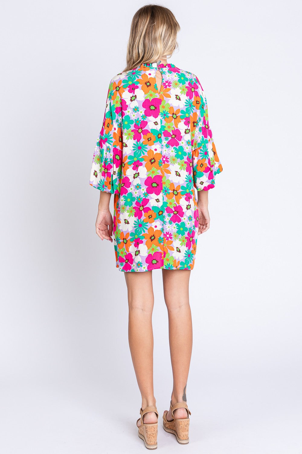 GeeGee Full Size Floral Round Neck Lantern Sleeve Mini Dress - Flyclothing LLC