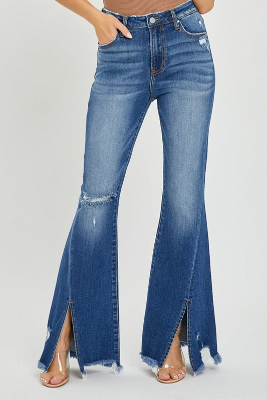 RISEN Full Size High Rise Front Slit Frayed Hem Flare Jeans - Trendsi