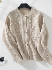 Cable-Knit Round Neck Button Up Cardigan - Trendsi