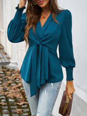 Smocked Surplice Long Sleeve Blouse