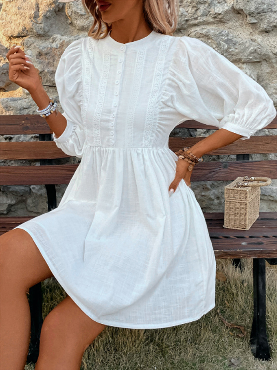 Lace Detail Half Button Three-Quarter Sleeve Dress Trendsi