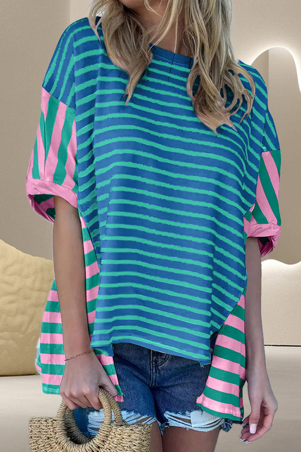 Striped Round Neck Half Sleeve T-Shirt Trendsi