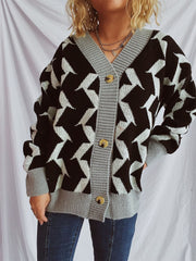 Contrast Trim Geometric V-Neck Long Sleeve Cardigan - Trendsi