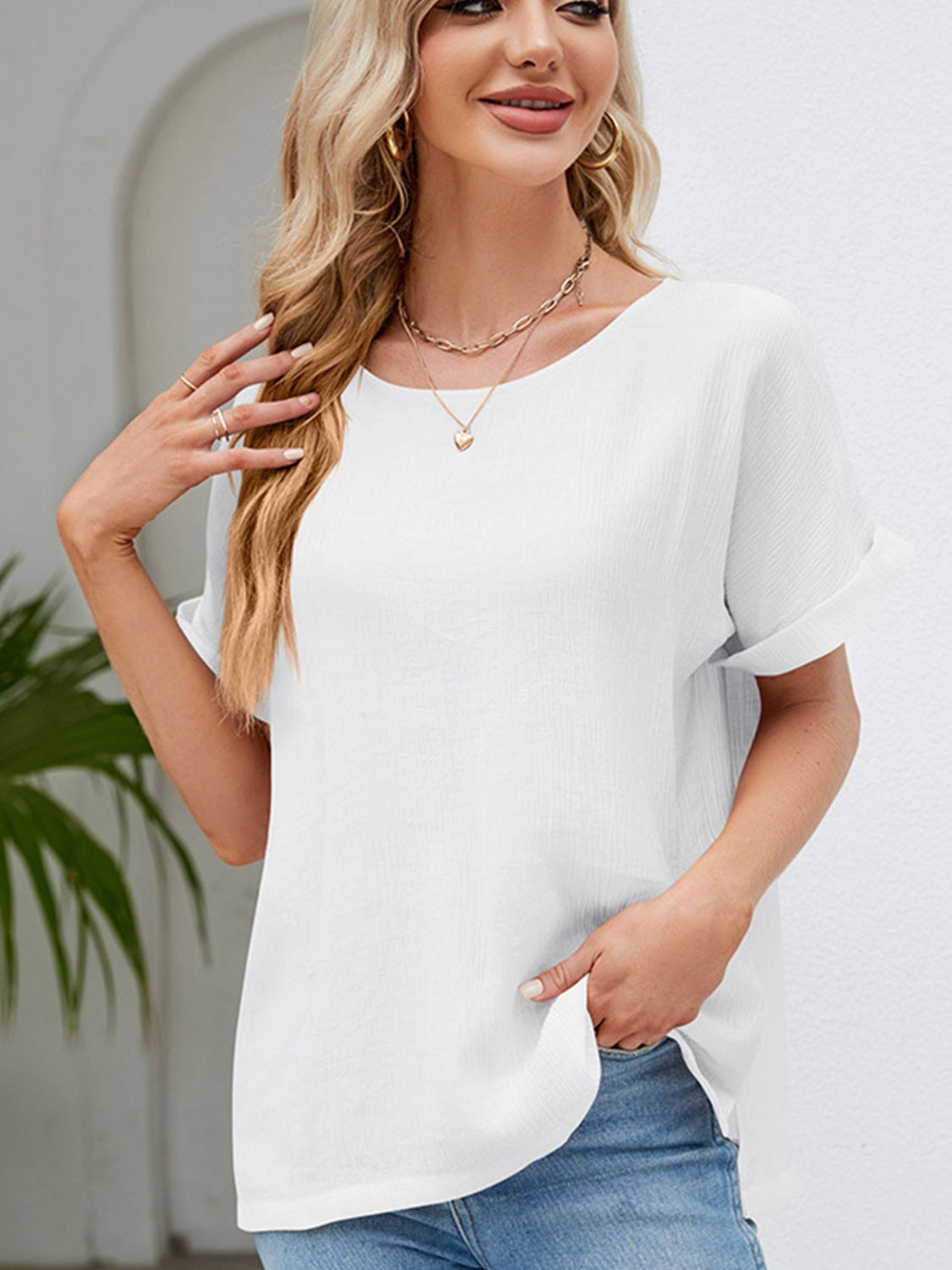 Round Neck Short Sleeve Blouse - Flyclothing LLC