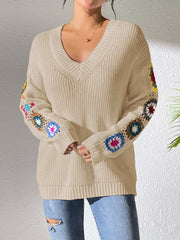 Crochet Flower V-Neck Sweater