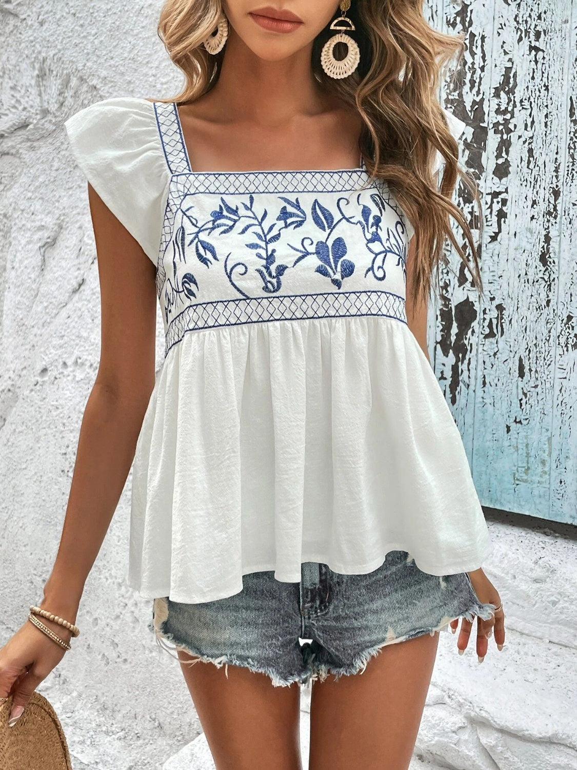 Embroidered Square Neck Cap Sleeve Blouse - Flyclothing LLC