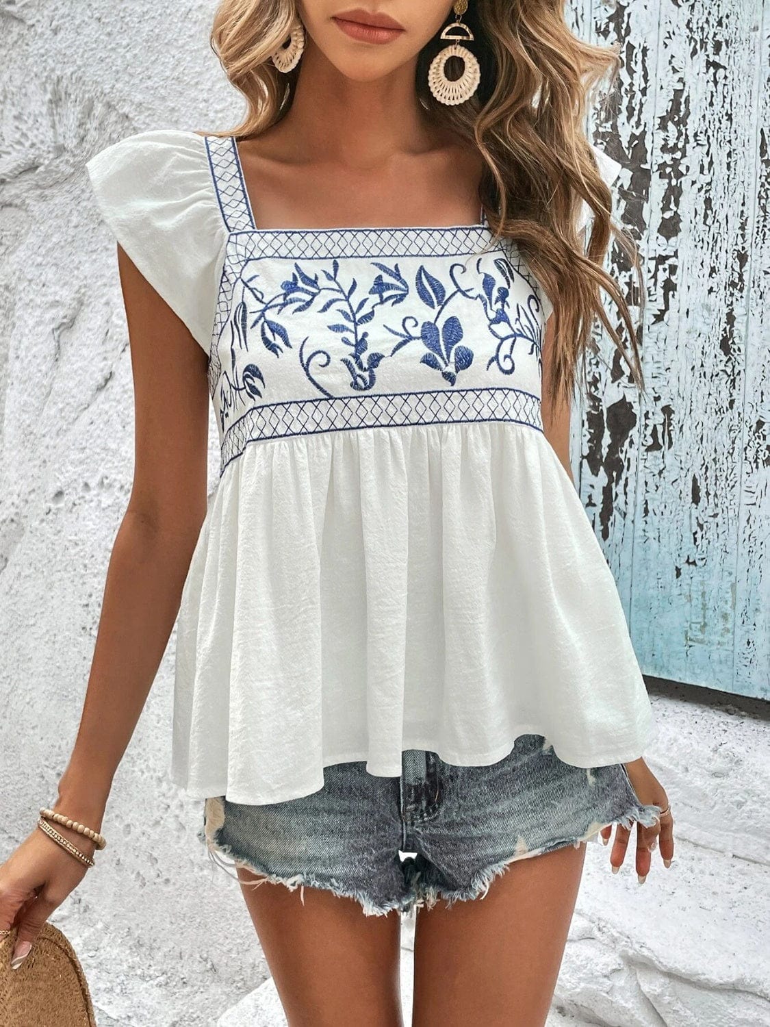 Embroidered Square Neck Cap Sleeve Blouse - Trendsi