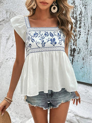 Embroidered Square Neck Cap Sleeve Blouse - Trendsi