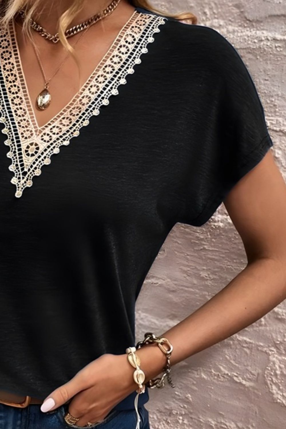 Full Size Lace Detail V-Neck Short Sleeve T-Shirt Trendsi