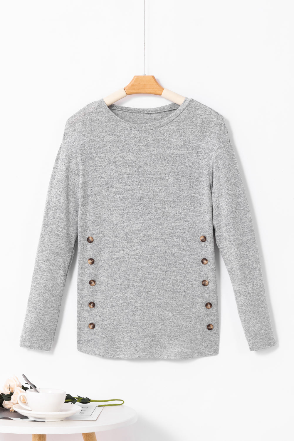 Decorative Button Round Neck Long Sleeve Top - Flyclothing LLC