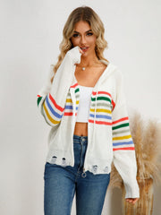 Drawstring Striped Dropped Shoulder Hooded Cardigan - Trendsi