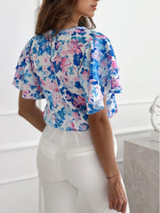 Floral Round Neck Flutter Sleeve Blouse Trendsi