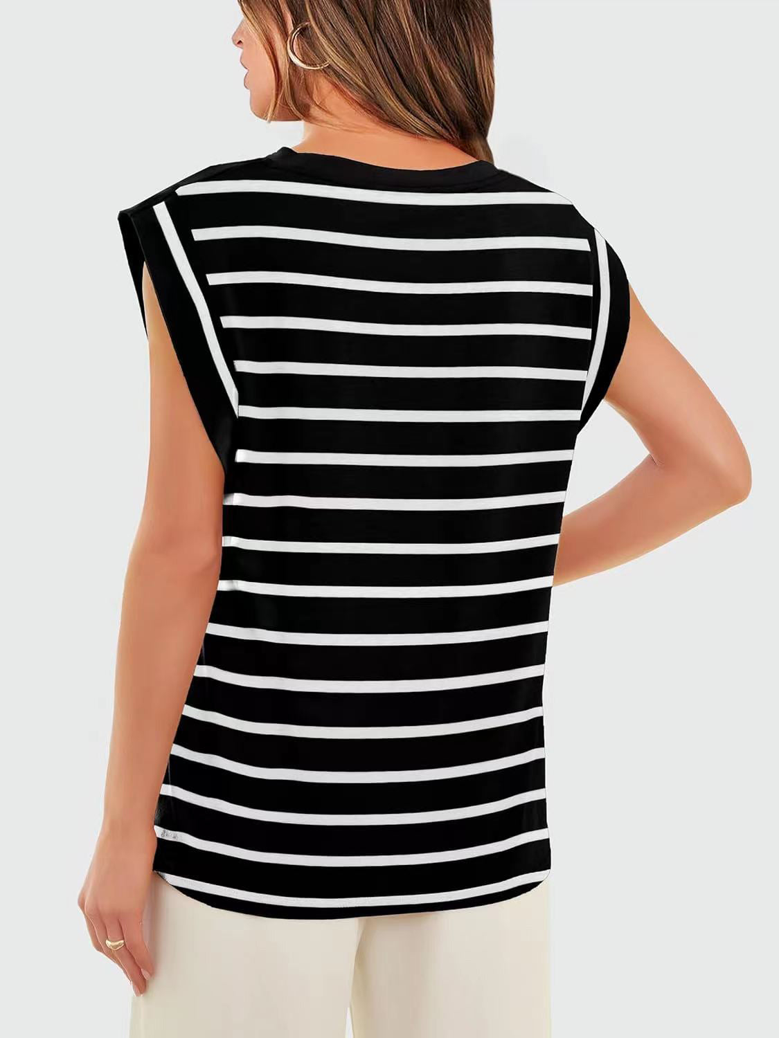 Striped Round Neck Cap Sleeve T-Shirt - Flyclothing LLC