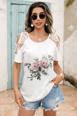 Lace Detail Round Neck Cold Shoulder Blouse Trendsi