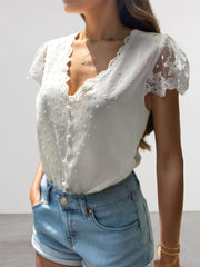 Swiss Dot Lace Detail V-Neck Cap Sleeve Blouse Trendsi