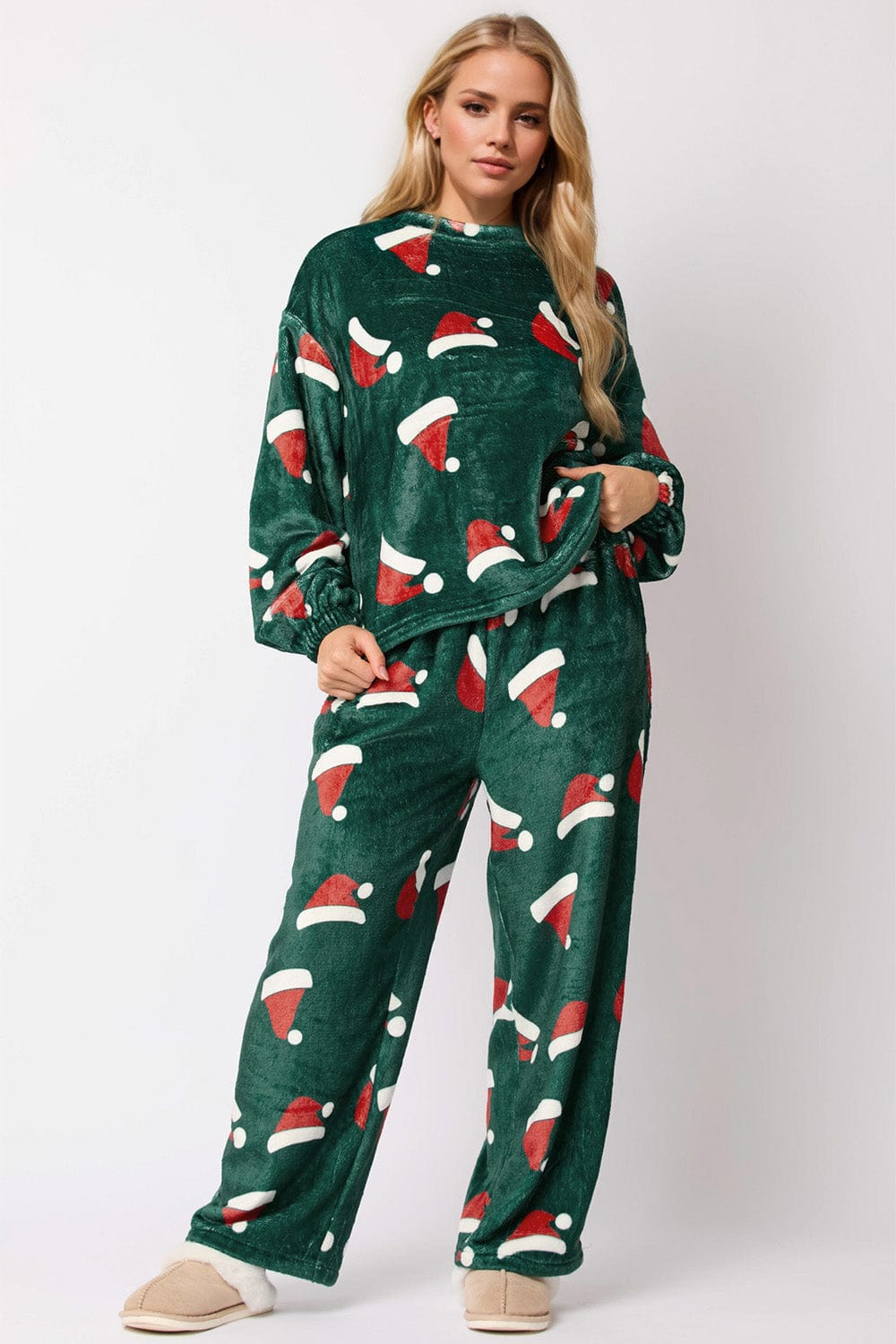 Christmas Hat Pattern Round Neck Long Sleeve Top and Pants Set - Trendsi