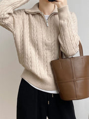 Cable-Knit Half Zip Long Sleeve Sweater - Trendsi