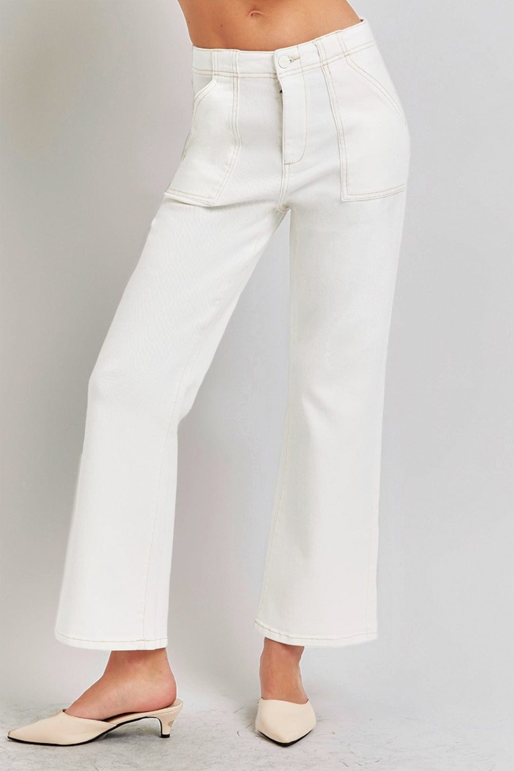 RISEN High Rise Ankle Flare Jeans with Patch Pockets - Trendsi