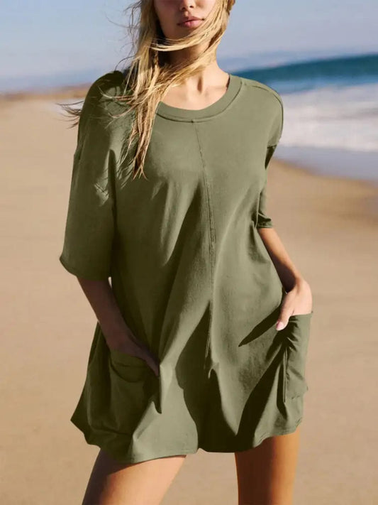 Backless Round Neck Half Sleeve Romper - Trendsi