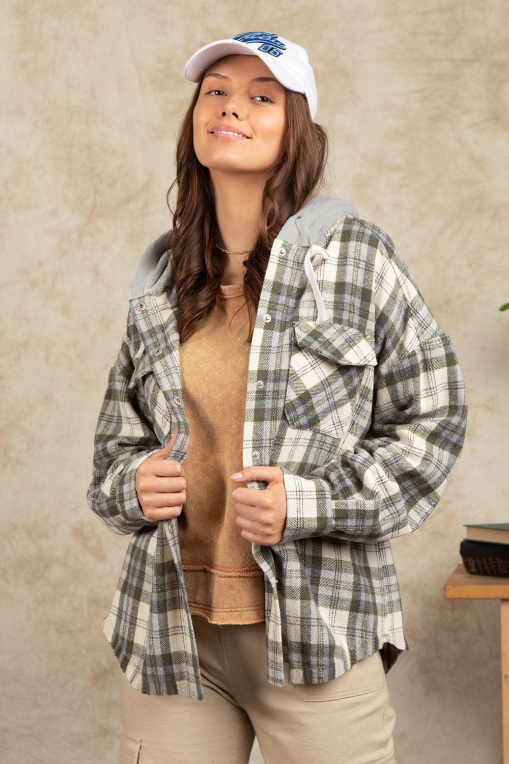 Drawstring Plaid Long Sleeve Hooded Jacket - Trendsi