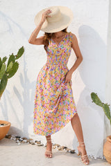 Smocked Printed Surplice Sleeveless Dress - Flyclothing LLC