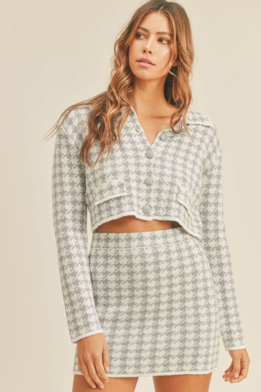 MABLE Houndstooth Cropped Knit Cardigan and Mini Skirt Set - Trendsi