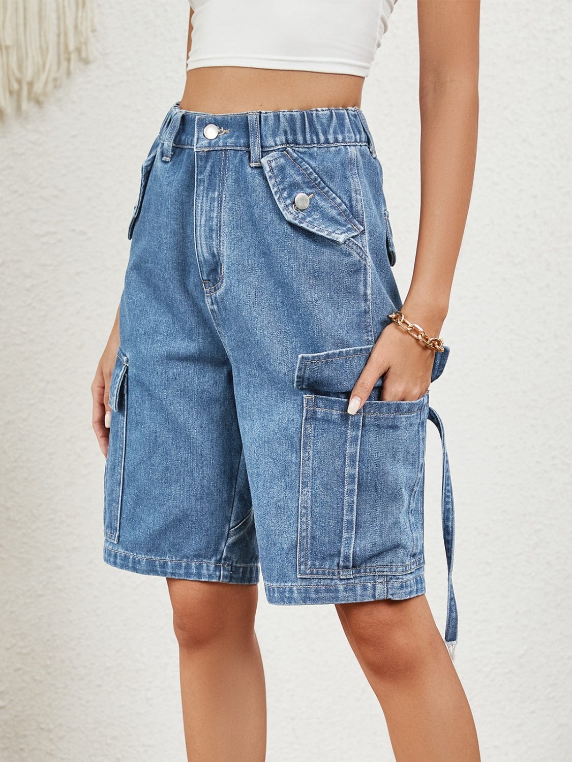 Buttoned Elastic Waist Denim Shorts with Pockets - Trendsi