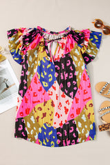 Ruffled Printed Tie Neck Cap Sleeve Blouse Trendsi