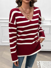 Striped V-Neck Long Sleeve Knit Top