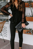 Lace Detail Plunge Long Sleeve Blouse - Flyclothing LLC