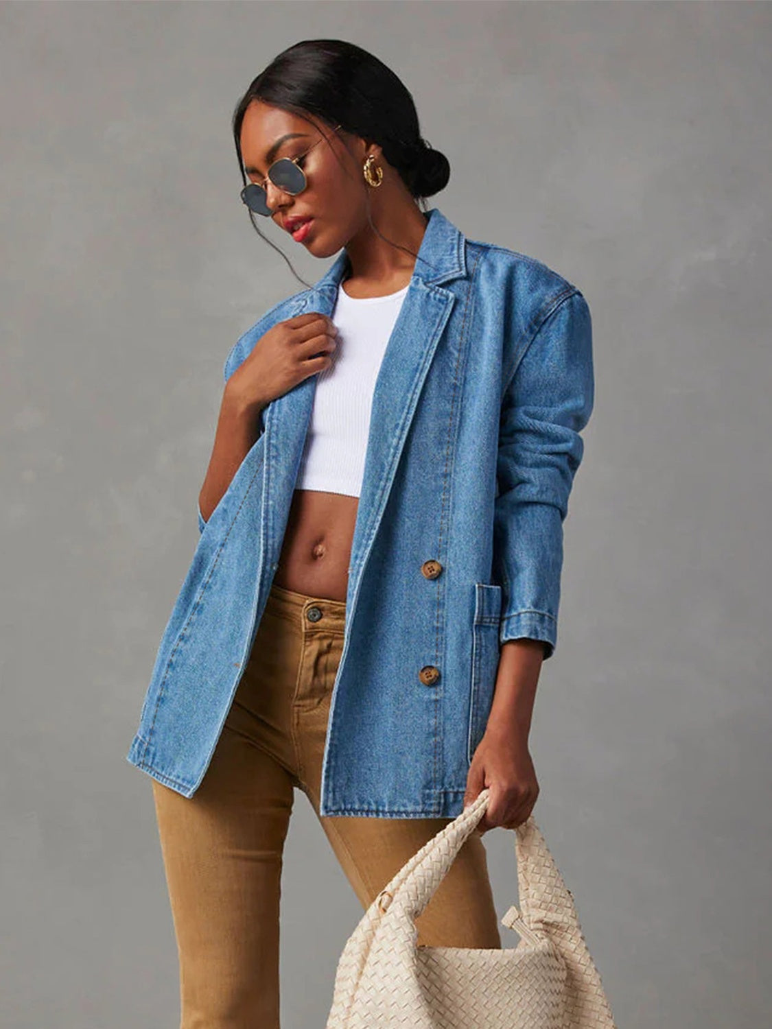 Collared Neck Long Sleeve Denim Jacket - Flyclothing LLC