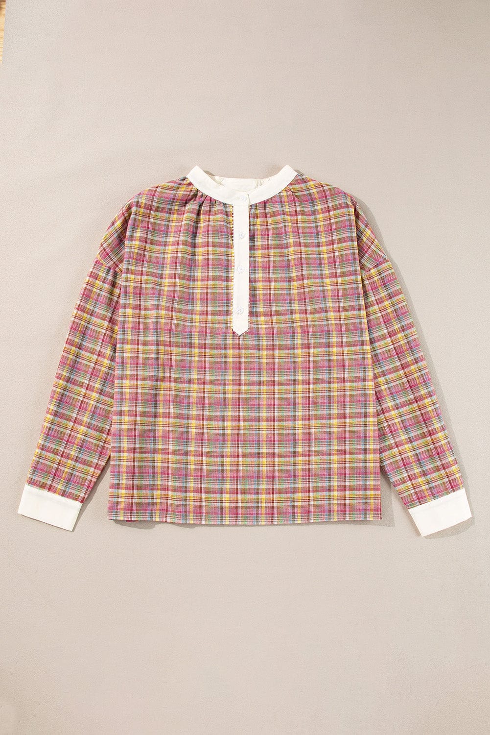 Mulit-Color Plaid Round Neck Long Sleeve Blouse - Trendsi