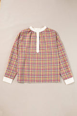 Mulit-Color Plaid Round Neck Long Sleeve Blouse - Trendsi