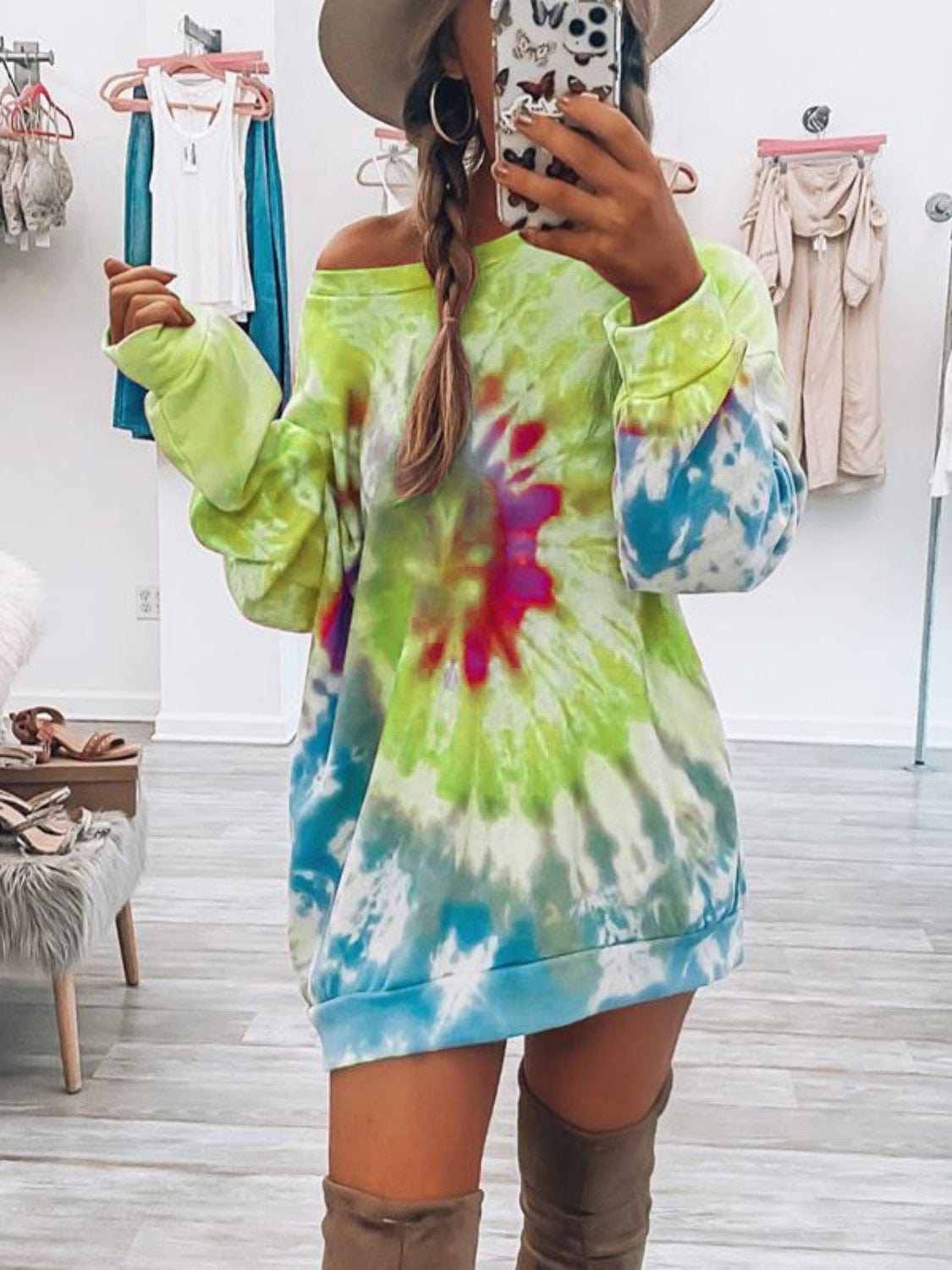 Full Size Tie-Dye Round Neck Long Sleeve Dress - Trendsi