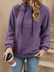 Drawstring Long Sleeve Fuzzy Hoodie - Trendsi