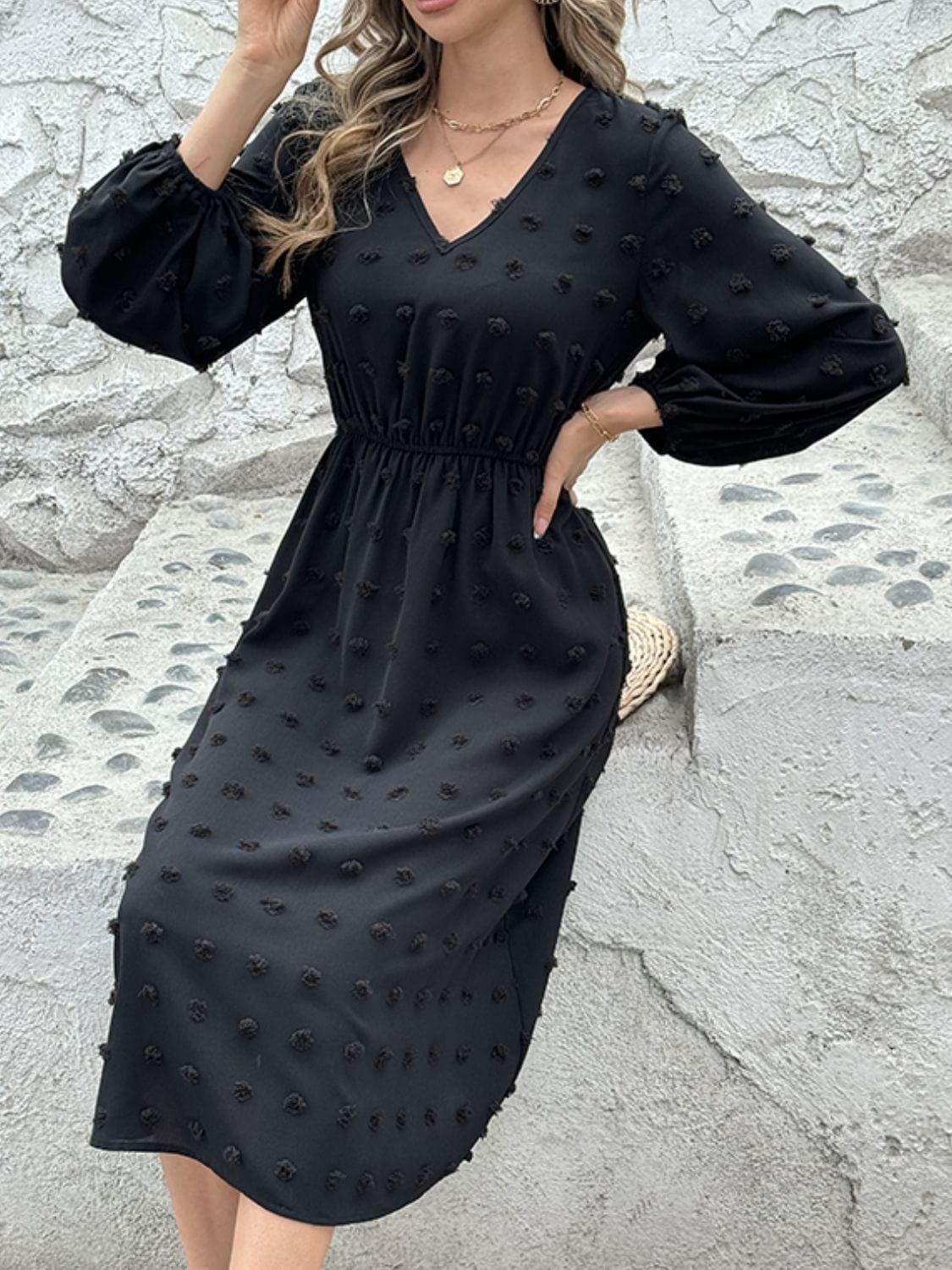 Full Size Swiss Dot V-Neck Long Sleeve Midi Dress - Trendsi