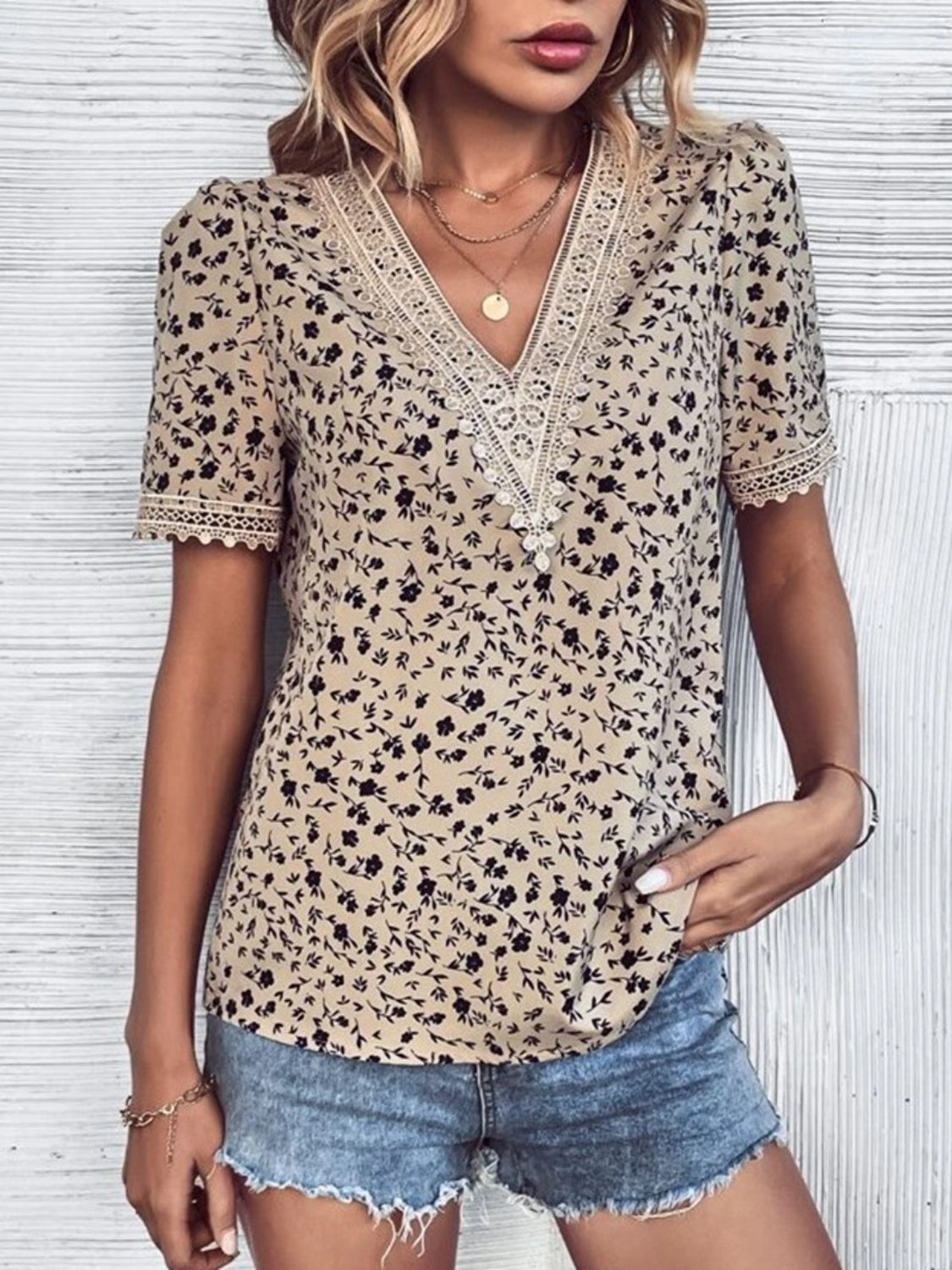 Full Size Printed V-Neck Short Sleeve Blouse - Flyclothing LLC