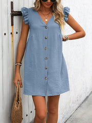 Button Up V-Neck Cap Sleeve Mini Dress Trendsi