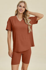 Basic Bae Full Size Ribbed V-Neck Short Sleeve Top and Shorts Set - Trendsi