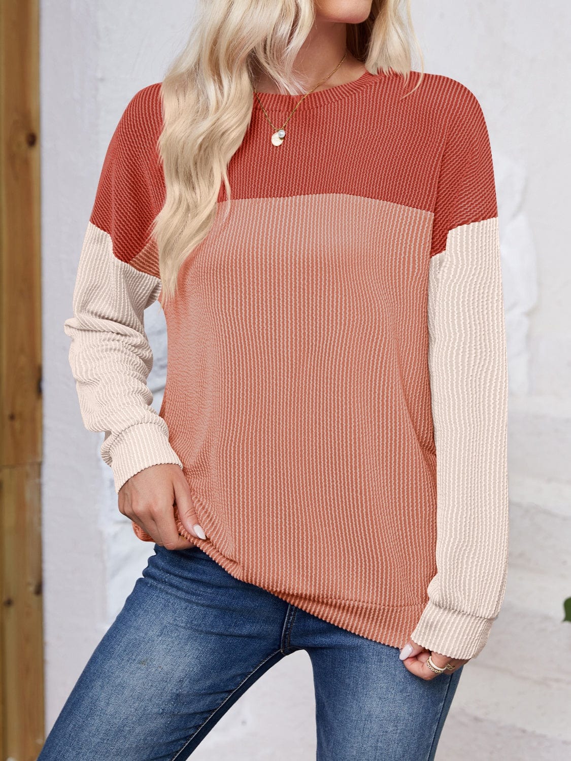 Color Block Round Neck Long Sleeve Sweatshirt - Trendsi