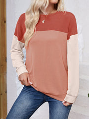 Color Block Round Neck Long Sleeve Sweatshirt - Trendsi