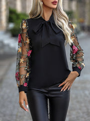 Printed Tie Neck Long Sleeve Blouse - Flyclothing LLC